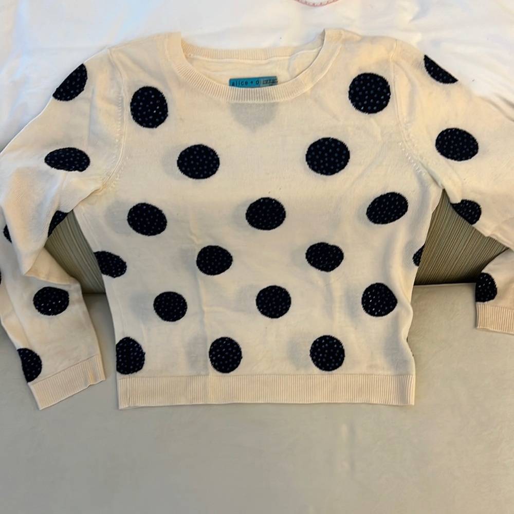 Alice + Olivia side M - crystal embellished ivory and navy polka dot sweater